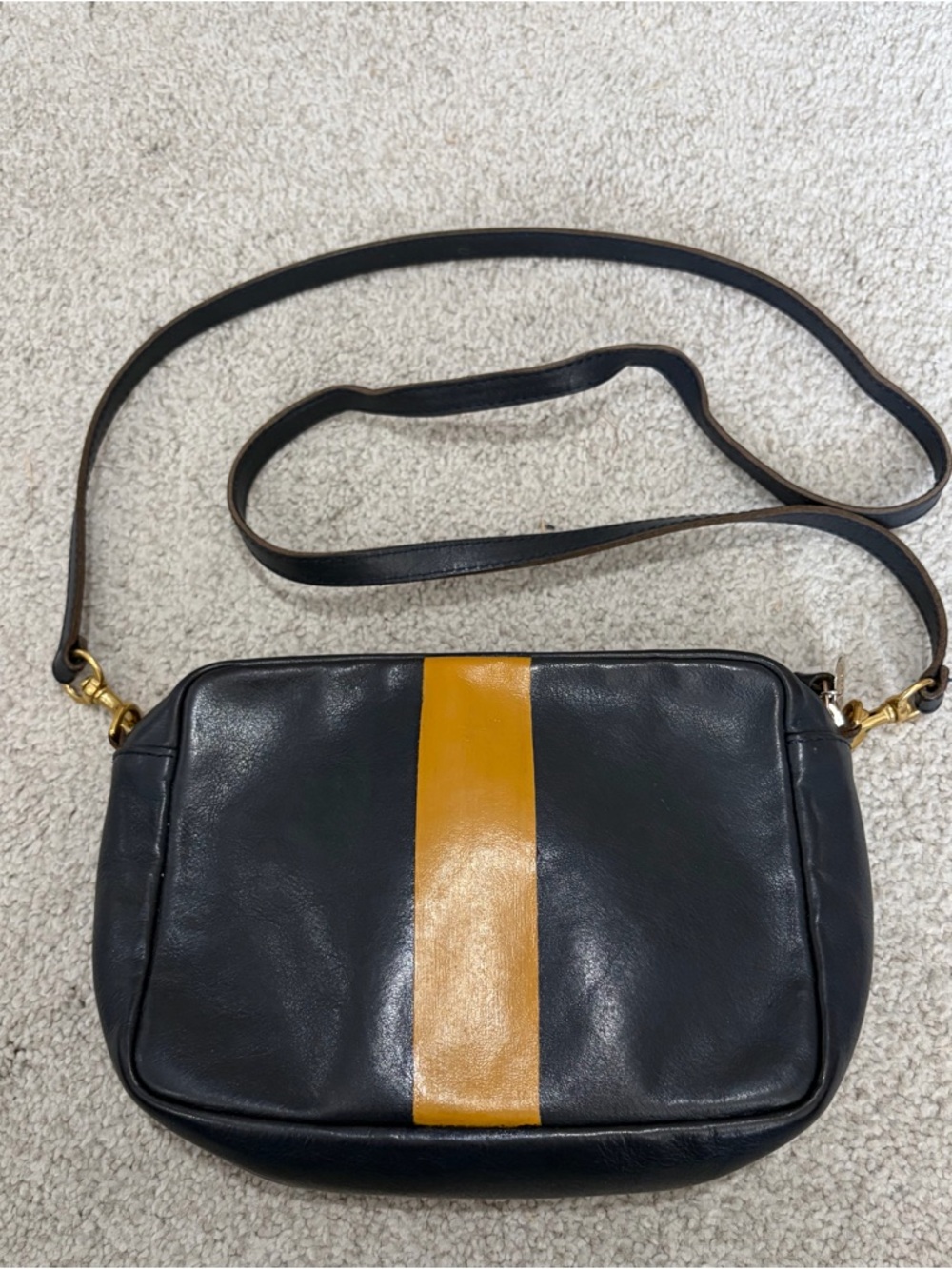 Clare V Leather Crossbody Bag in Navy w/ Mustard Stripe, Interior / Exterior Zip
